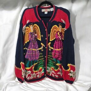 Cardigan Bay Angel Knit Sweater Hand‎ Knit Button Up Novelty Christmas Woman Lrg